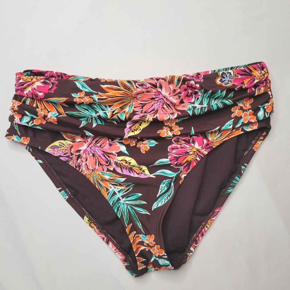 Into The Bleu Bikini Bottoms Womens 8 Brown Floral Tropical Ruched Foldover Swim